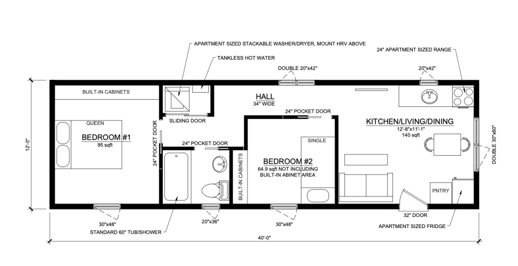 Tiny home floor plan featuring 2 bedrooms, 4 piece bathroom, separate laundry room, and combined kitchen/living/dining room.